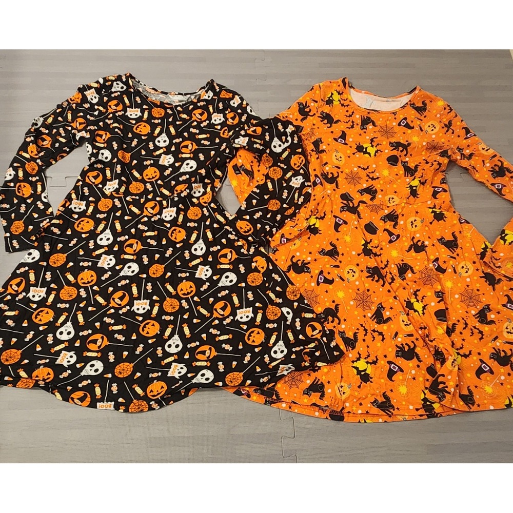 Childrens Place Girls Halloween Skater Dress 2 Pack Orange Black Cats Skulls L
